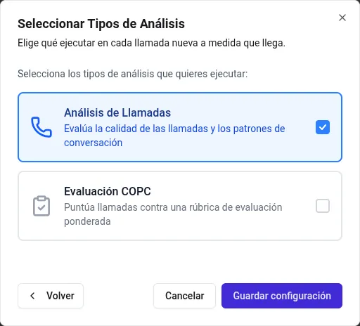 Selección de tipos de análisis para el análisis automático