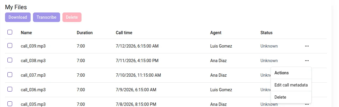 Files table with the Call time and Agent columns