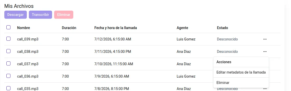 Tabla de archivos con las columnas Fecha y hora de la llamada y Agente