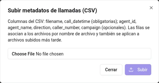 Diálogo de subida de metadatos de llamadas