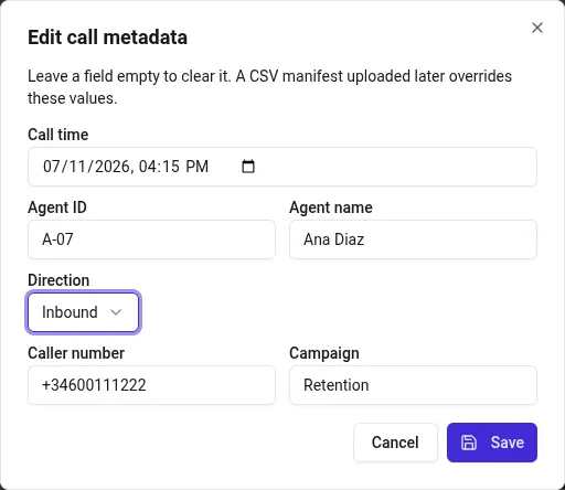 Edit call metadata dialog