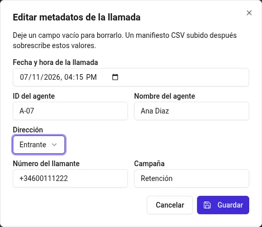 Diálogo de edición de metadatos de la llamada