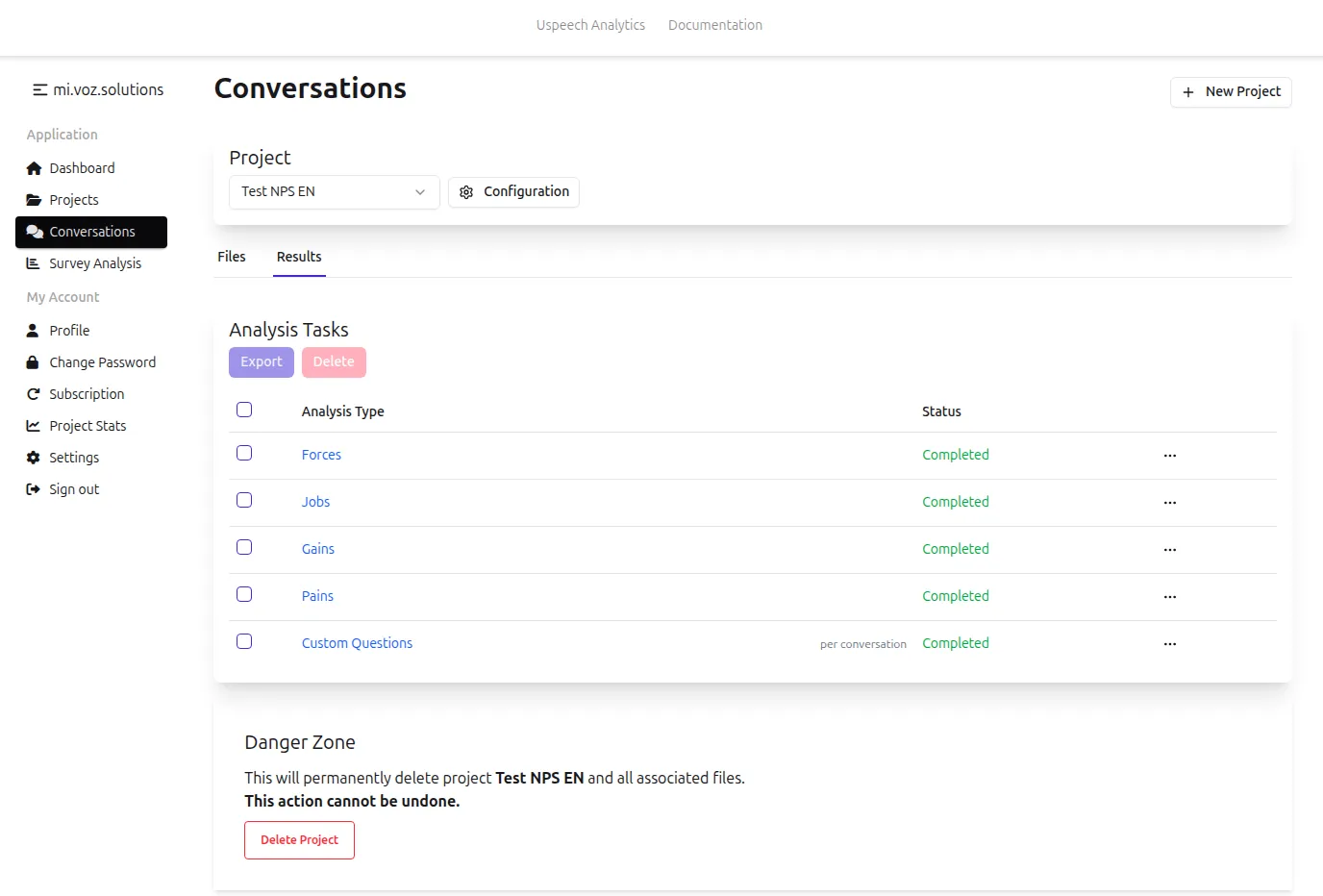 Analysis results list