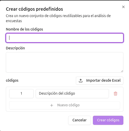 Crear códigos predefinidos
