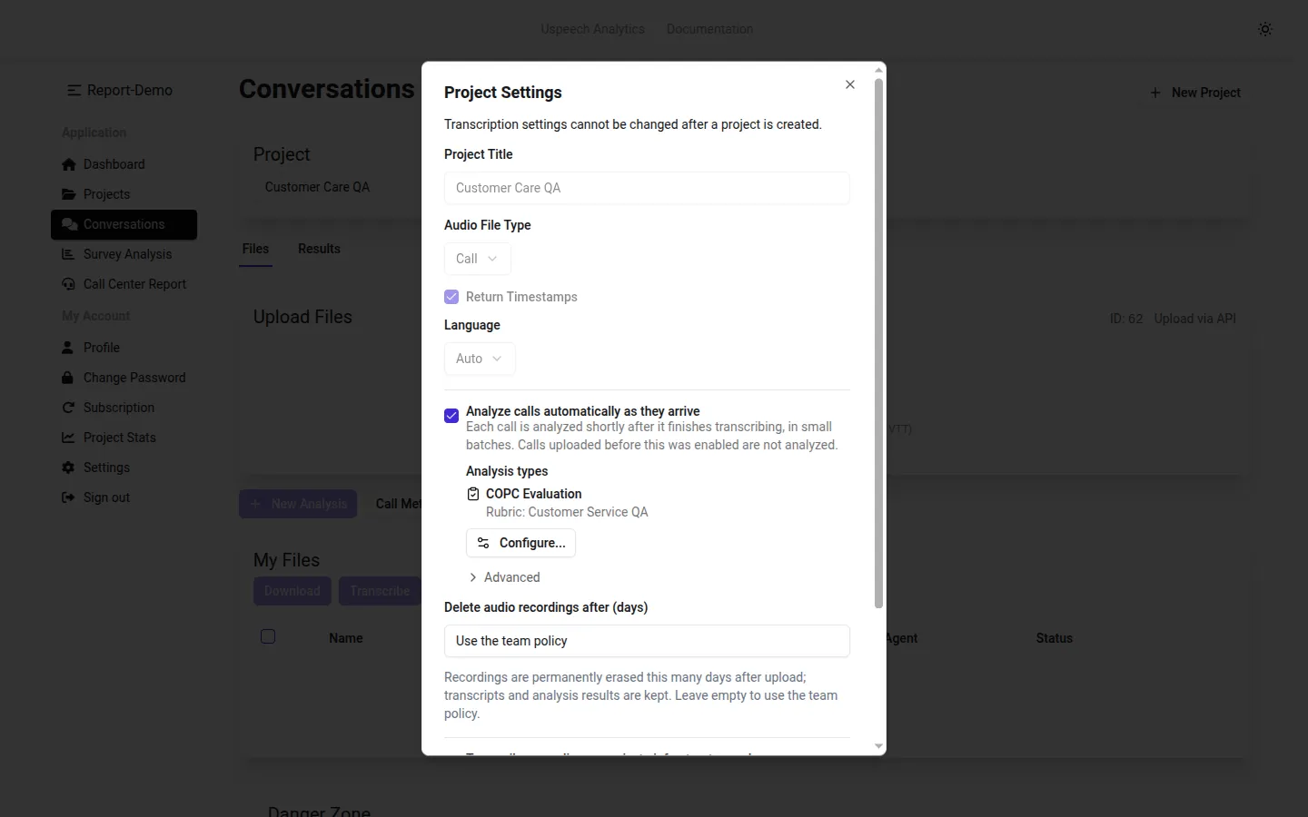 The configured automatic analysis summary
