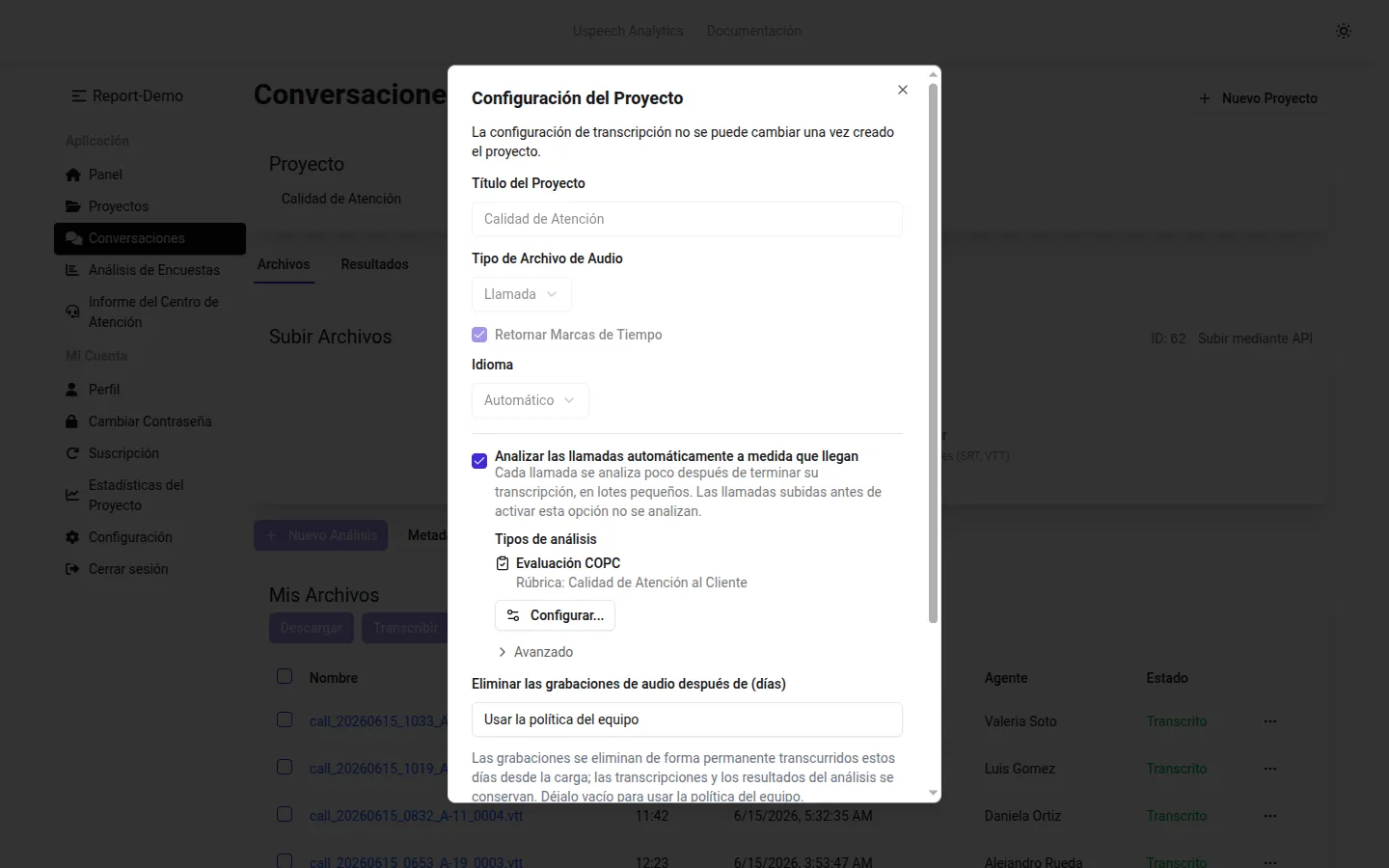 El resumen del análisis automático ya configurado