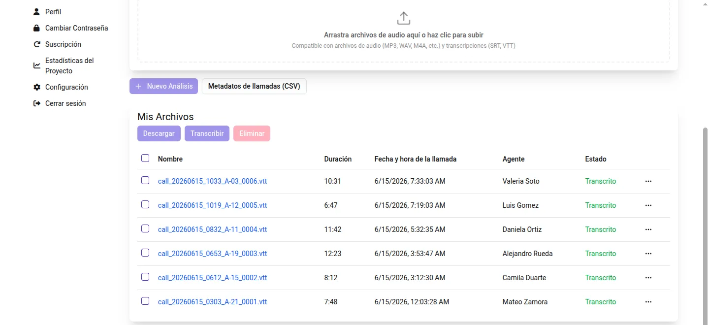 La tabla de archivos después de subir el manifiesto