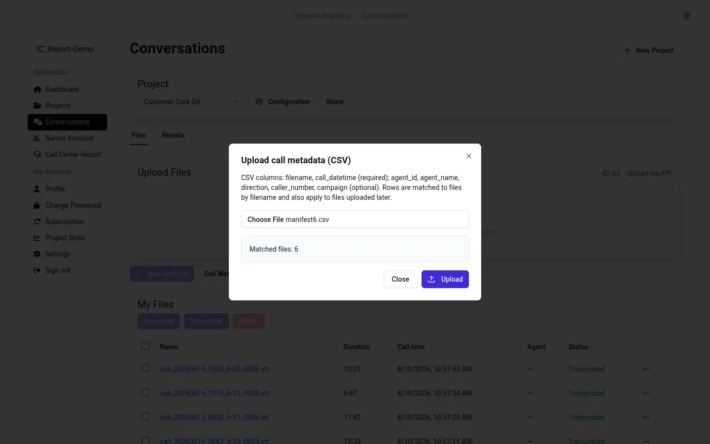 Uploading a call metadata manifest