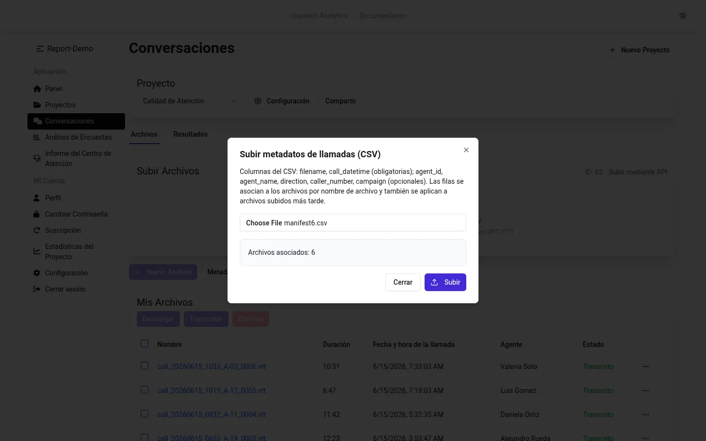 Subir un manifiesto de metadatos de llamadas