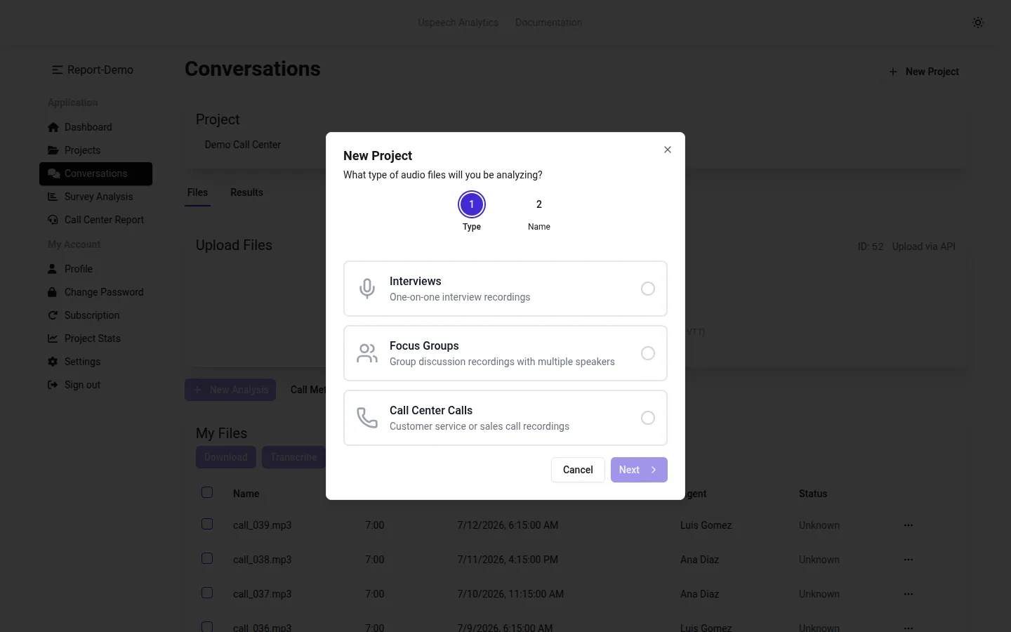 Choosing the Call Center Calls project type