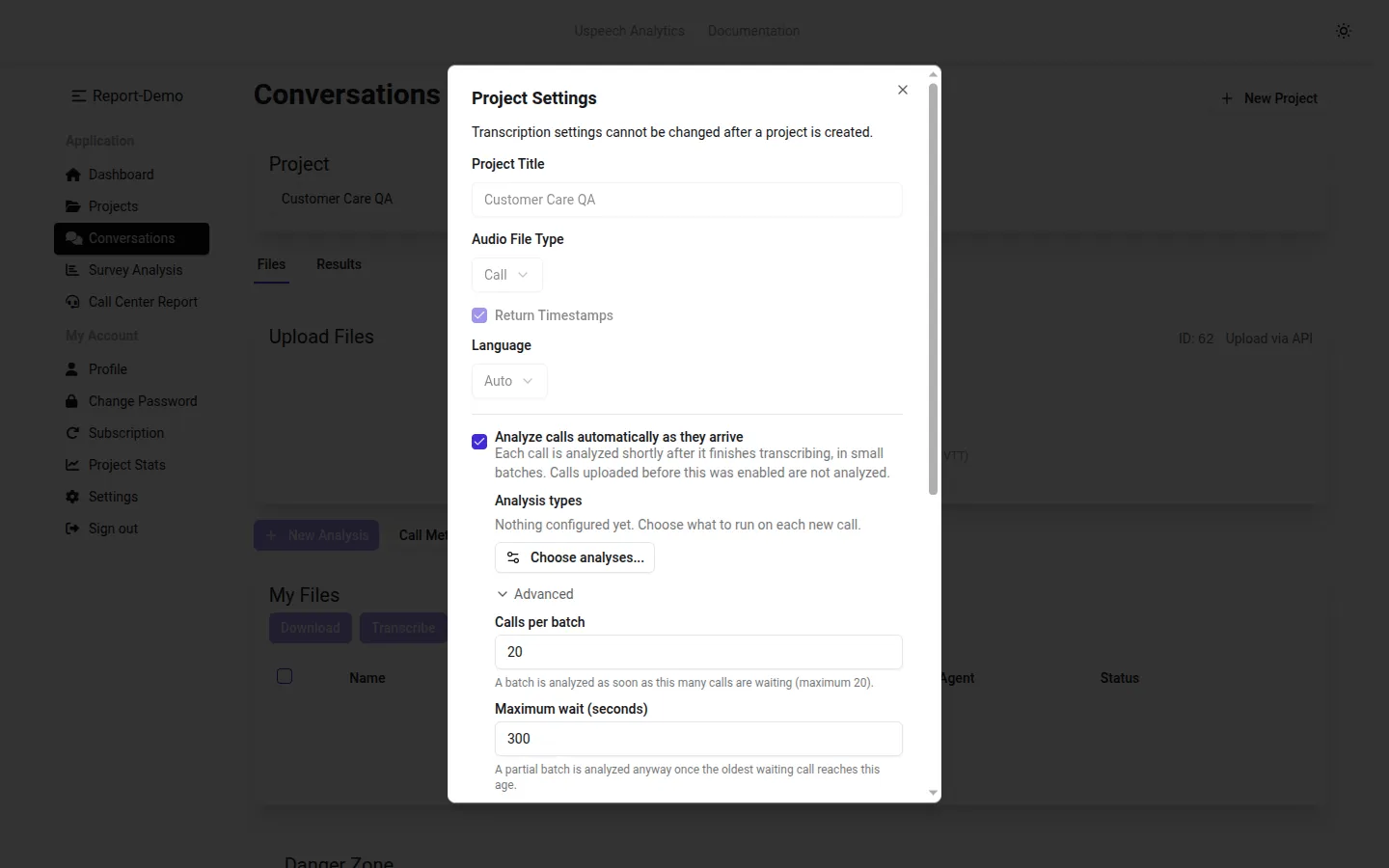 Automatic analysis settings in the Project Settings dialog
