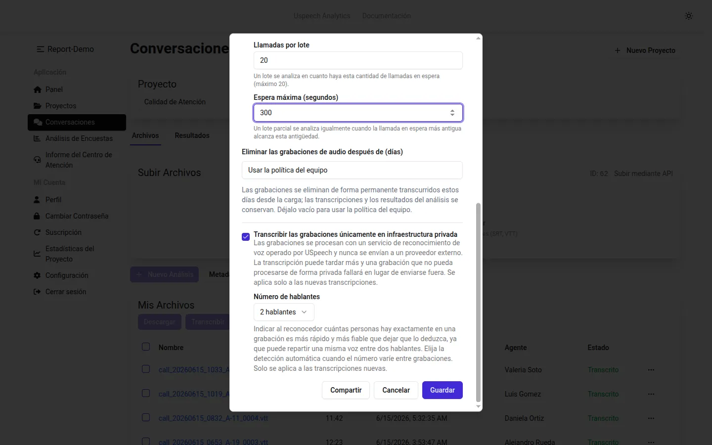 La mitad inferior del diálogo Configuración del Proyecto