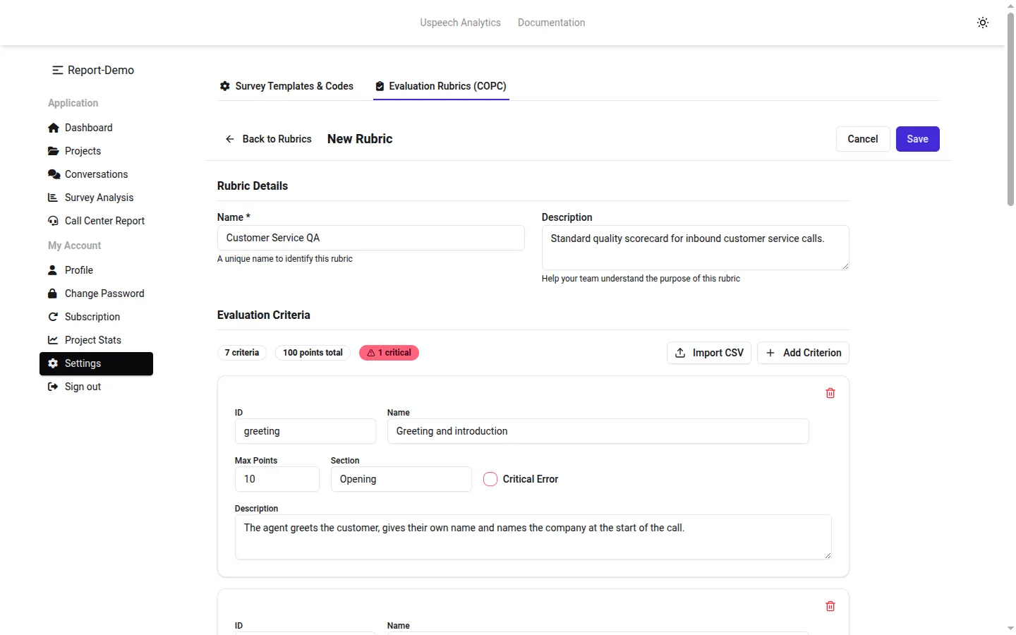 The rubric editor with criteria imported from a CSV