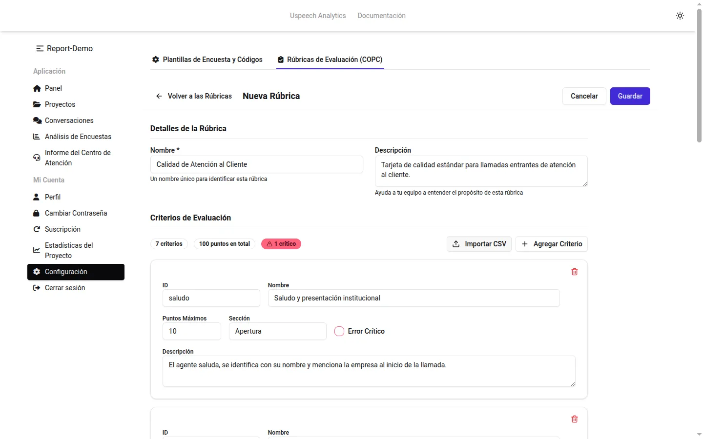 El editor de rúbricas con los criterios importados de un CSV