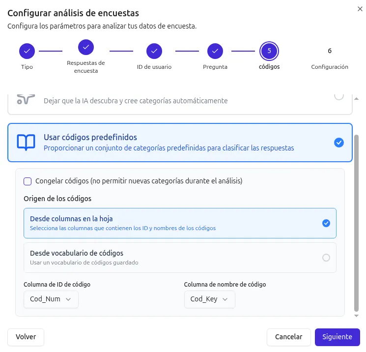 Configurar los códigos